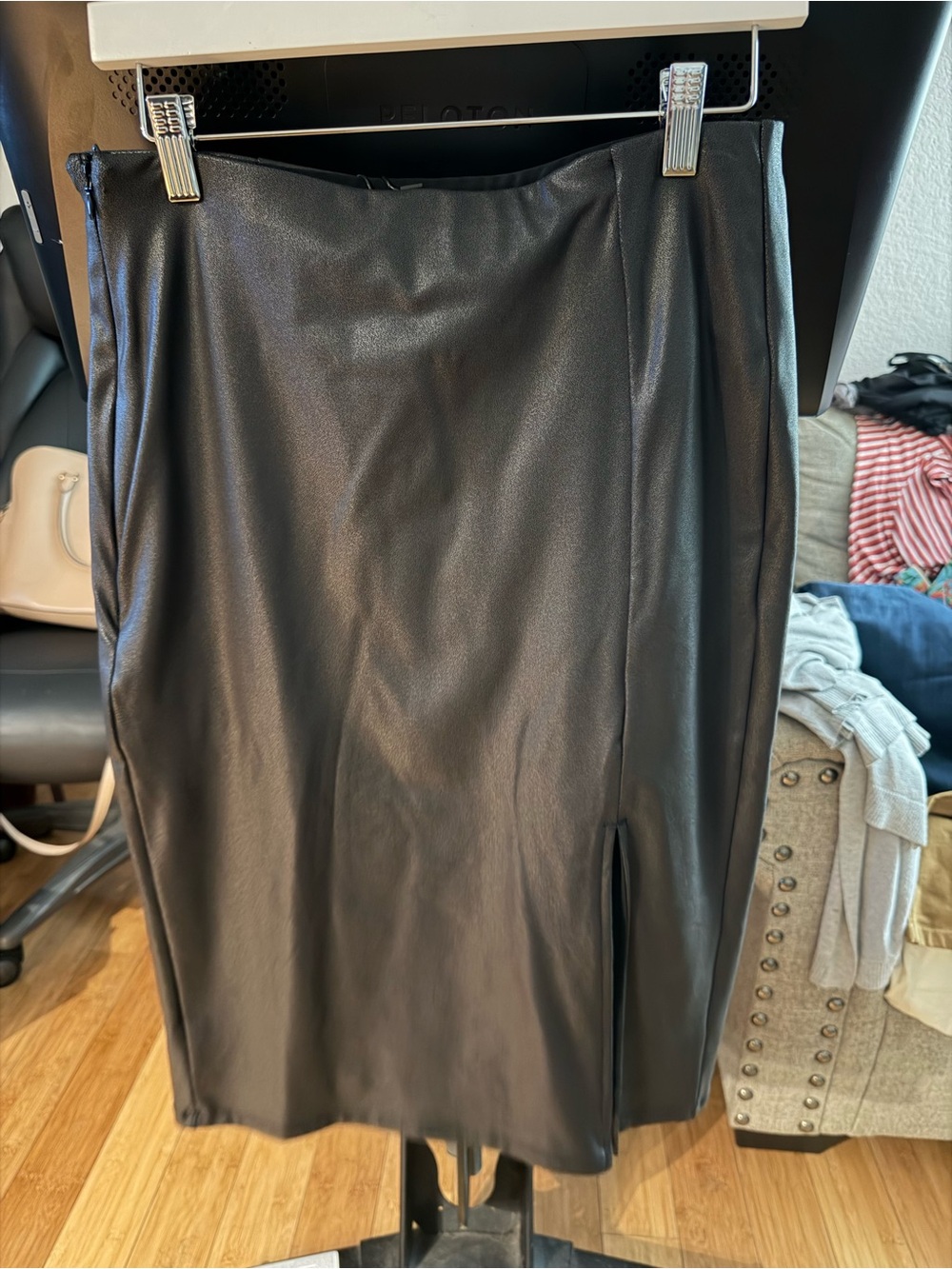 Popilush Faux Leather Black Pencil Skirt with built-in shapewear